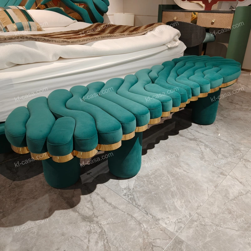 Green Wave-Shaped Velvet Bed Bench with Gold Stainless Steel Trim